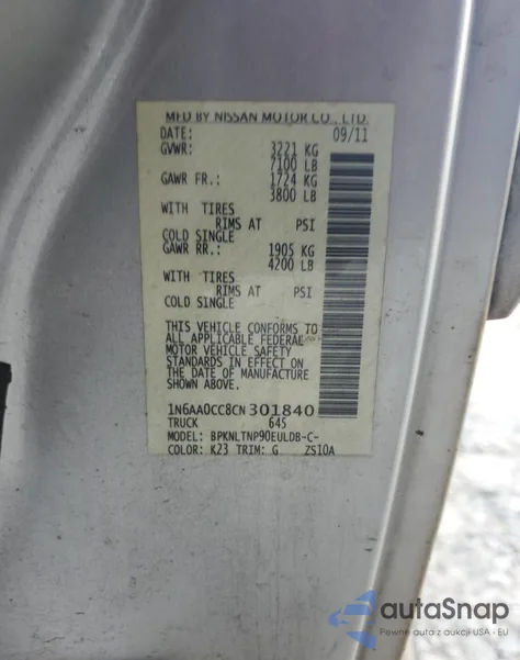 2012 Nissan Titan S из США, поврежденный, VIN 1N6AA0CC8CN301840